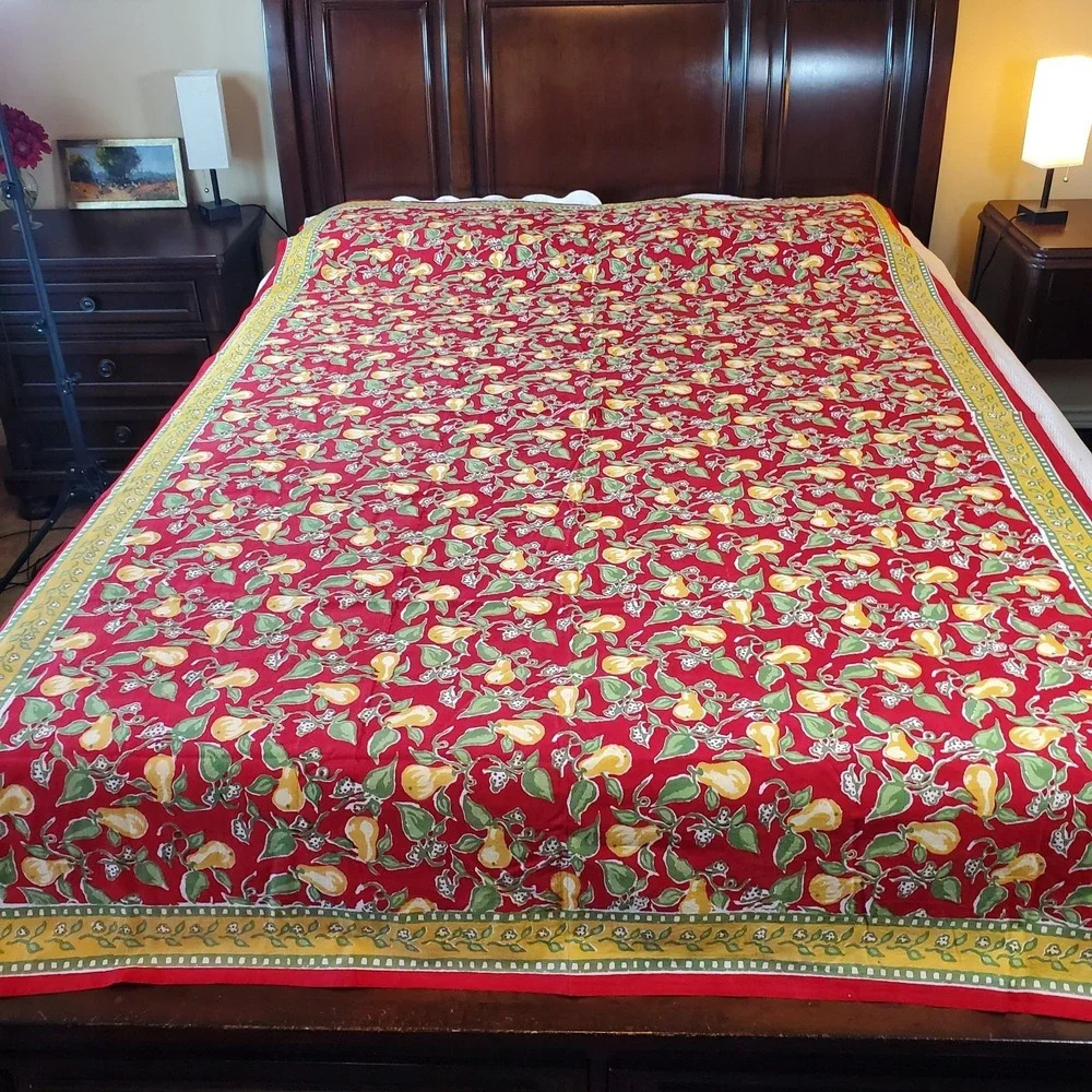 Pomegranate Tablecloth‎ 100% Cotton Red With Yellow Pears 60x90 & Napkin (1)